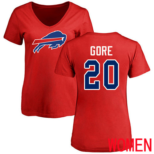 NFL Women Buffalo Bills #20 Frank Gore Red Name and Number Logo T Shirt